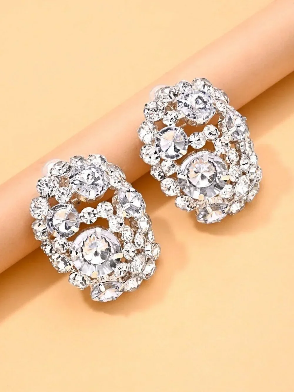 Silver Elegant Women's Oversized Clip-On Rhinestone Earrings